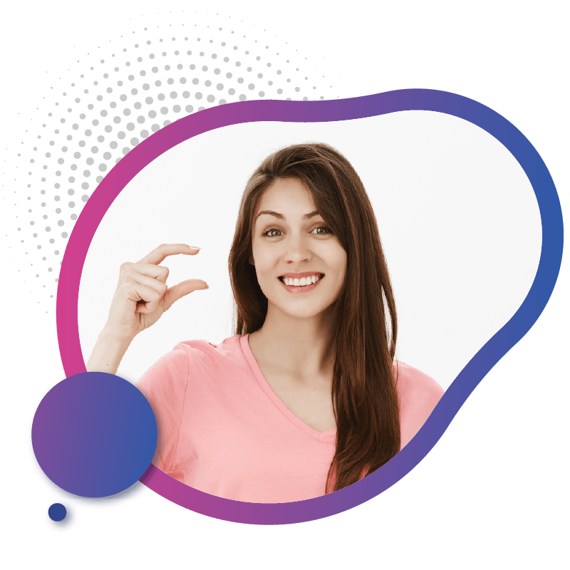 Smiling woman in pink shirt showing small gesture for low cost mobile plans.