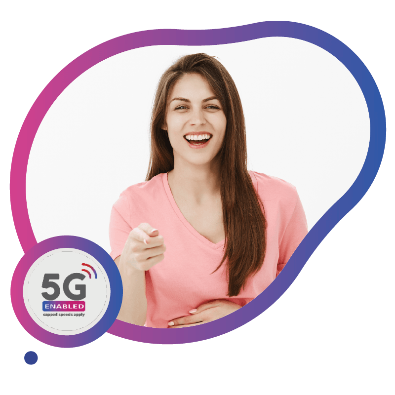 Young woman promoting 5G mobile data and fast connectivity.