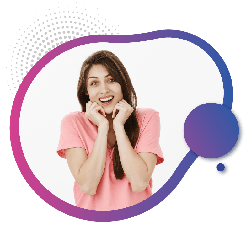 Excited woman in pink t-shirt reacting to mobile data deals and offers.