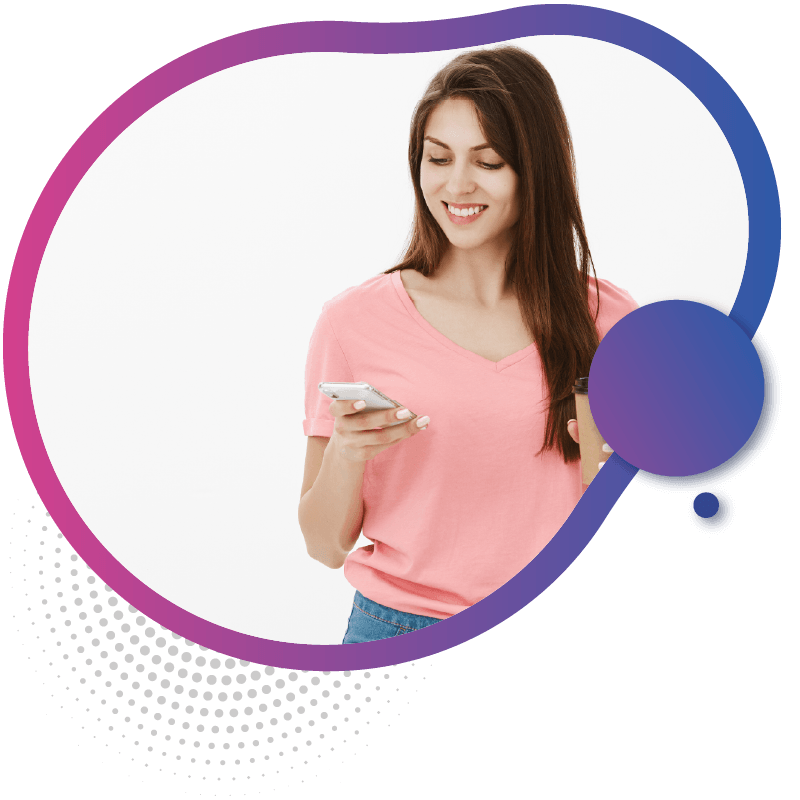 Smiling woman in pink t-shirt using smartphone for easy browsing.